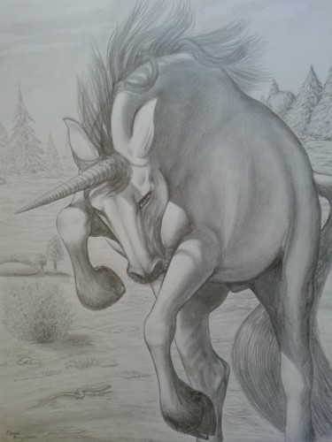 Drawing titled "Licorne attaque" by Elena Nesytova, Original Artwork, Graphite