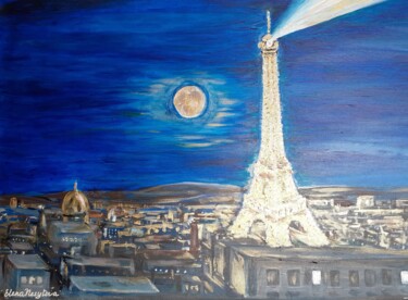 Ζωγραφική με τίτλο "Pleine Lune à Paris" από Elena Nesytova, Αυθεντικά έργα τέχνης, Ακρυλικό Τοποθετήθηκε στο Ξύλινο φορείο…