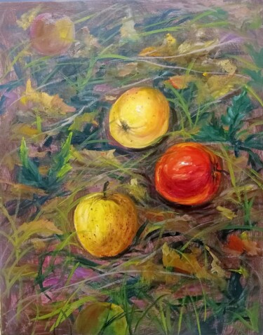 Painting titled "Apple and persimmon…" by Elena Rozhko, Original Artwork, Oil Mounted on Wood Stretcher frame