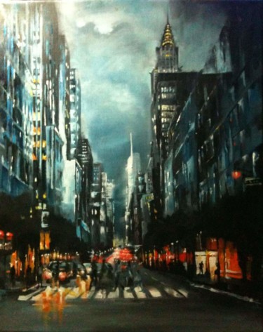 Painting titled "Night city lights" by Elena Push, Original Artwork, Oil