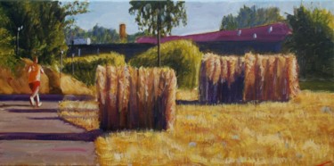 Pittura intitolato "Three haystacks nea…" da Elena Sokolova, Opera d'arte originale, Olio