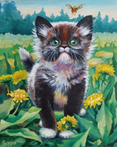Painting titled "Little kitten in th…" by Elena Sergo, Original Artwork, Oil