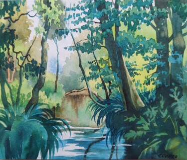 Painting titled "Quiet Forest River" by Elena Sergo, Original Artwork, Watercolor