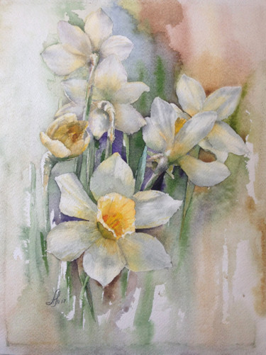 Painting titled "Watercolor. Daffodi…" by Elena Sharapova, Original Artwork, Watercolor