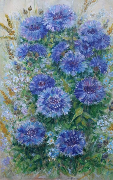 Painting titled "Blue flowers" by Elena Shchenina, Original Artwork, Oil