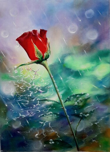 Painting titled "Rose in the rain" by Elena Shchenina, Original Artwork, Oil