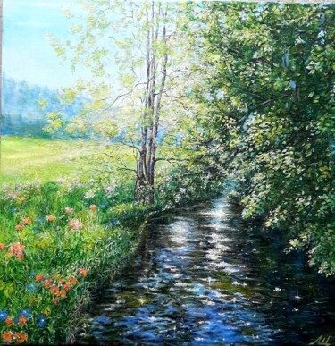 Painting titled "Cold stream on a ho…" by Elena Shchenina, Original Artwork, Oil