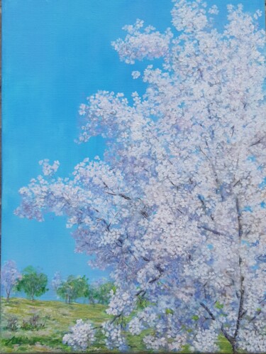 Painting titled "Almond blooming" by Elena Shchenina, Original Artwork, Oil