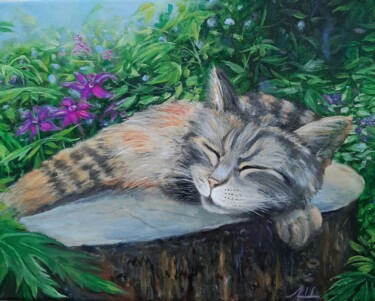 Peinture intitulée "Cat on vacation" par Elena Shchenina, Œuvre d'art originale, Huile