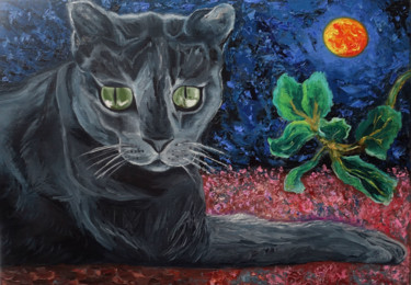 Картина под названием "Lunar cat." - Елена Воинова, Подлинное произведение искусства, Масло