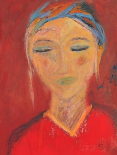 Schilderij getiteld "WOMAN IN RED" door Eleni Pappa Tsantilis, Origineel Kunstwerk, Olie Gemonteerd op Frame voor houten bra…