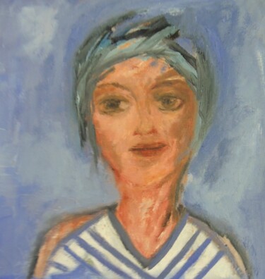 Painting titled "WOMAN IN LILAC" by Eleni Pappa Tsantilis, Original Artwork, Oil Mounted on Wood Stretcher frame