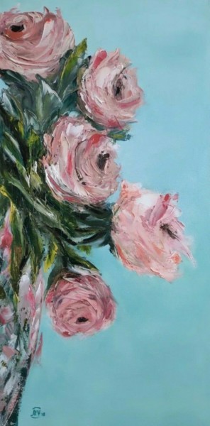 Painting titled "Roses" by Elena Lav, Original Artwork, Oil Mounted on Wood Stretcher frame