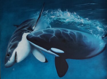 Painting titled "Shark" by Elena Lav, Original Artwork, Oil Mounted on Wood Stretcher frame