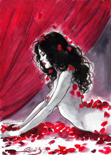 Painting titled "the scarlet curtain" by Eleonora Garofolo, Original Artwork, Watercolor