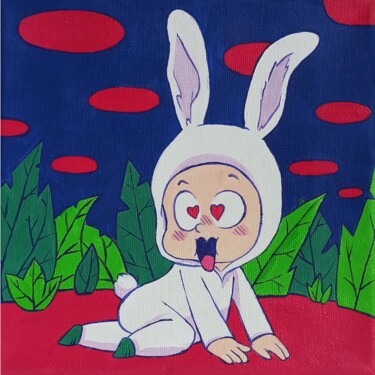 Painting titled "White bunny" by Eleonora Rom, Original Artwork, Acrylic Mounted on Wood Stretcher frame