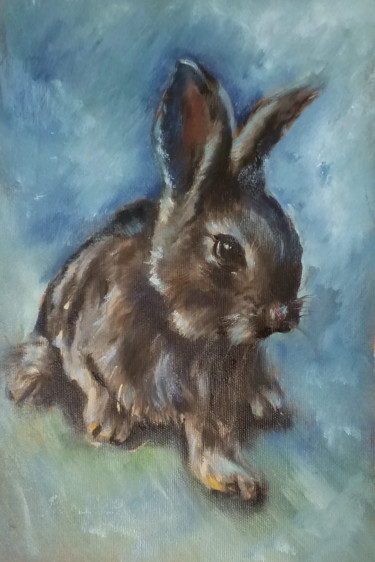Schilderij getiteld "Bunny rabbit pet po…" door Eleonora Taranova, Origineel Kunstwerk, Olie