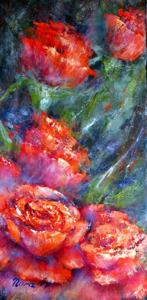 Painting titled "Red Roses impasto o…" by Eleonora Taranova, Original Artwork, Oil Mounted on Wood Stretcher frame