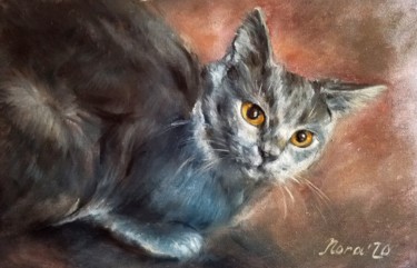 Malerei mit dem Titel "Grey cat oil painti…" von Eleonora Taranova, Original-Kunstwerk, Öl