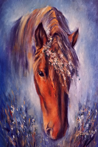 Painting titled "Red Horse portrait…" by Eleonora Taranova, Original Artwork, Oil