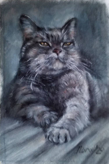Malerei mit dem Titel "Grey cat custom pet…" von Eleonora Taranova, Original-Kunstwerk, Öl
