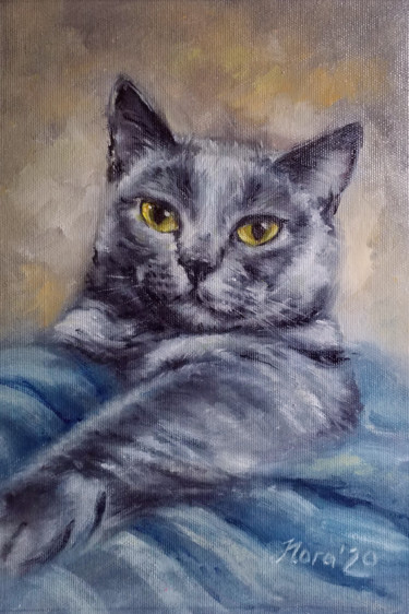 Painting titled "Grey cat custom oil…" by Eleonora Taranova, Original Artwork, Oil