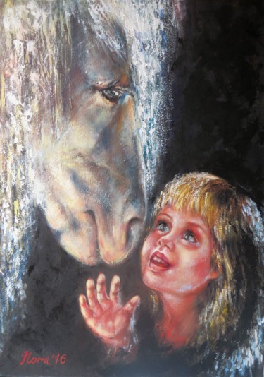 Pintura titulada "Horse and Little Gi…" por Eleonora Taranova, Obra de arte original, Oleo Montado en Bastidor de camilla de…