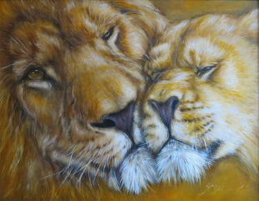 Painting titled "Lions' Tenderness o…" by Eleonora Taranova, Original Artwork, Oil Mounted on Wood Stretcher frame