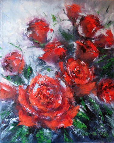 Painting titled "Red Roses abstract…" by Eleonora Taranova, Original Artwork, Oil Mounted on Wood Stretcher frame