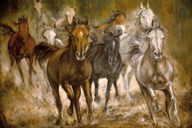 Pintura titulada "Racing horses origi…" por Eleonora Taranova, Obra de arte original, Oleo Montado en Bastidor de camilla de…