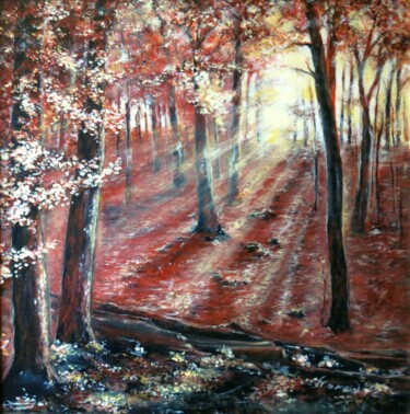 Painting titled "Autumn Sunset origi…" by Eleonora Taranova, Original Artwork, Oil Mounted on Wood Stretcher frame