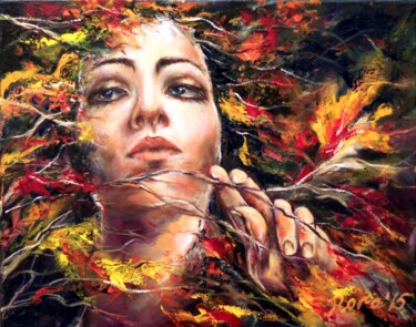 Painting titled "Autumn Girl origina…" by Eleonora Taranova, Original Artwork, Oil Mounted on Wood Stretcher frame