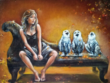 Painting titled "Girl with White Owl…" by Eleonora Taranova, Original Artwork, Oil Mounted on Wood Stretcher frame