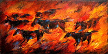 Painting titled "Red Racing Horses" by Eleonora Taranova, Original Artwork, Oil Mounted on Wood Stretcher frame