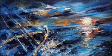 Schilderij getiteld "Sunset. Boat" door Eleonora Taranova, Origineel Kunstwerk, Olie Gemonteerd op Frame voor houten brancard