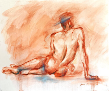 Malarstwo zatytułowany „Male body figure nu…” autorstwa Eleonora Taranova, Oryginalna praca, Olej Zamontowany na Drewniana r…