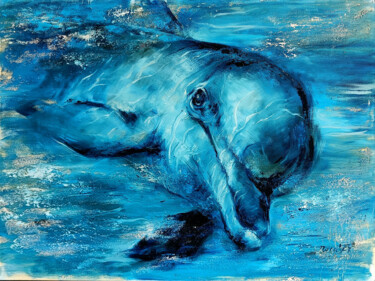 Painting titled "Dolphin Portrait" by Eleonora Taranova, Original Artwork, Oil Mounted on Wood Stretcher frame