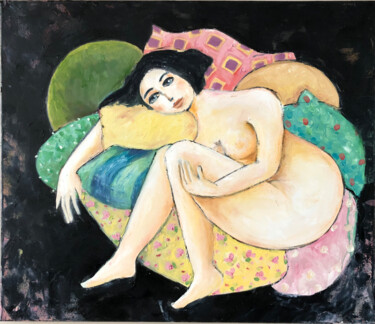 Painting titled "Endormie, verte" by Eléonore Lepièce-Gabet, Original Artwork, Oil