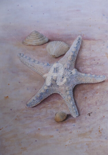 Painting titled "Sur la plage © Adag…" by Elisabeth Le Prunenec, Original Artwork, Watercolor Mounted on Cardboard