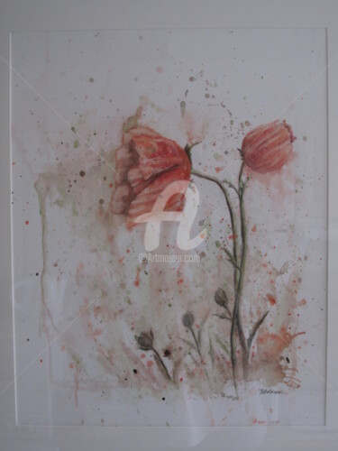 Painting titled "coquelicots-aquarel…" by Elisabeth Le Prunenec, Original Artwork, Watercolor Mounted on Glass