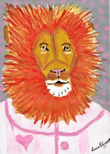 Monsieur le lion aime bien le rose Peinture intitulée "Monsieur le lion ai…" par Lucie Estermann, Œuvre d'art originale, Acrylique