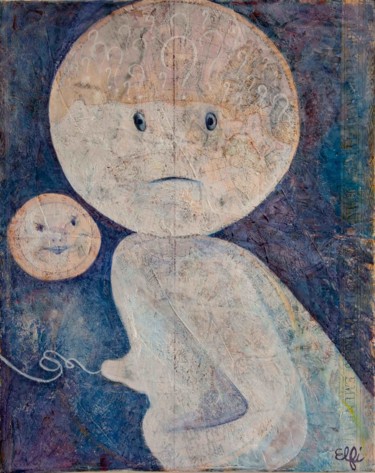 Peinture intitulée "Bébé Lune s'interro…" par Elfi, Œuvre d'art originale