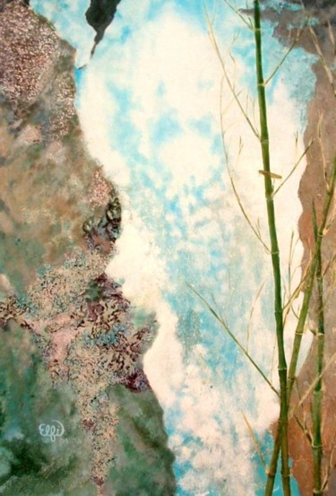 Peinture intitulée "Cascade aux bambous" par Elfi, Œuvre d'art originale