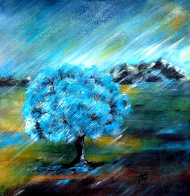Peinture intitulée "L'arbre turquoise ." par Chafika Feghir, Œuvre d'art originale, Acrylique