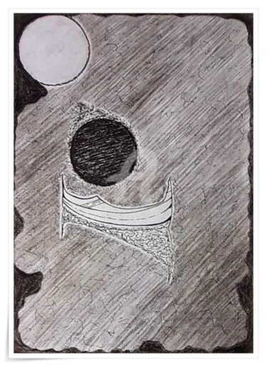 Dessin intitulée "A Lua, O Barco, O L…" par Elf Vun K, Œuvre d'art originale, Stylo gel