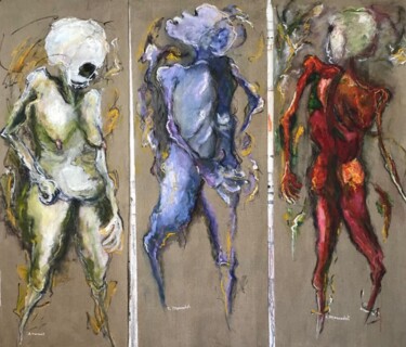 Pintura intitulada "les 3 amis" por Elisabeth Marcadet, Obras de arte originais, Óleo