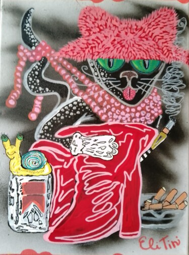 Painting titled "Smocking Black Cat" by Eli Tin Art, Original Artwork, Acrylic