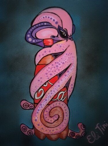 Painting titled "octopus with coca c…" by Eli Tin Art, Original Artwork, Acrylic