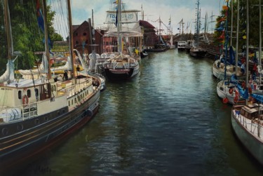 Painting titled "Harbor" by Mirela, Original Artwork, Oil Mounted on Wood Stretcher frame