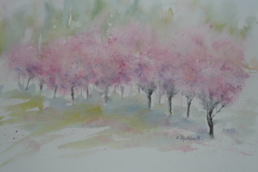 Malerei mit dem Titel "Pêchers en fleurs" von Eliane Audebert, Original-Kunstwerk, Aquarell